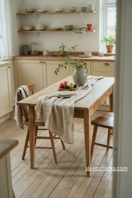 Natural linen table runner on a rustic wooden kitchen table with cozy farmhouse decor