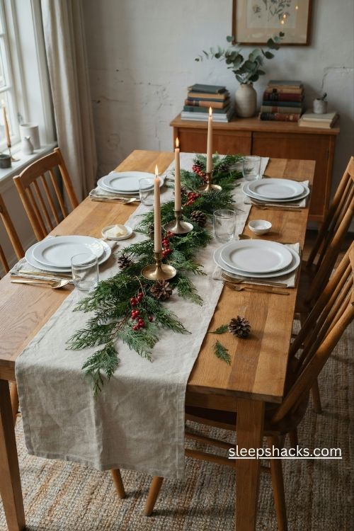 Natural linen table runner with greenery and candles for a cozy christmas dinner
