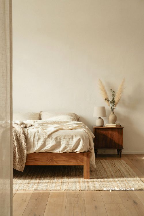 Natural oak wood bed frame with cream linen bedding in a cozy scandinavian bedroom
