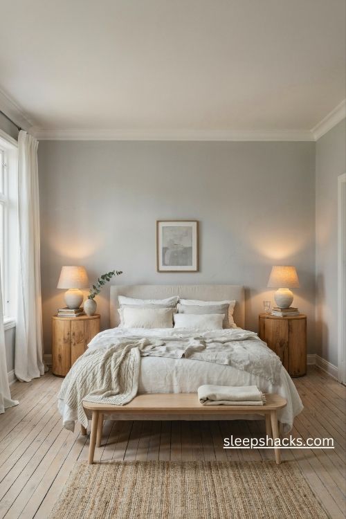Natural oak wood nightstands in a cozy grey and white bedroom
