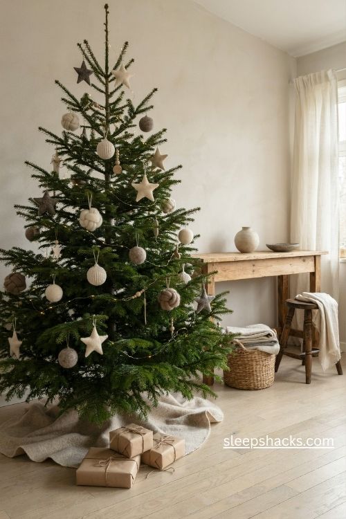 Natural undyed wool christmas tree decorations in cream oatmeal brown and charcoal with warm white lights