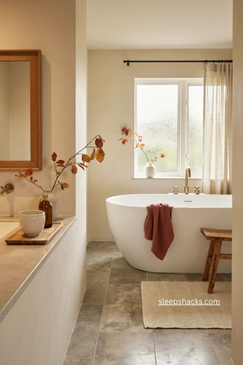 Natural wood accents with rust towels and amber decor in a fall bathroom