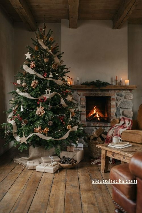 Natural wood and burlap Christmas tree with pinecones and dried orange slices