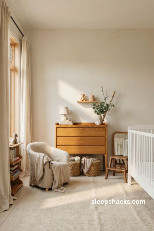 Natural wood nursery furniture with a warm oak dresser and timeless neutral decor