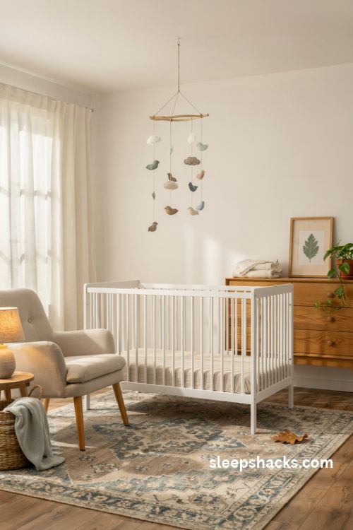 Nature inspired nursery with handmade felt mobile botanical prints and natural wood decor