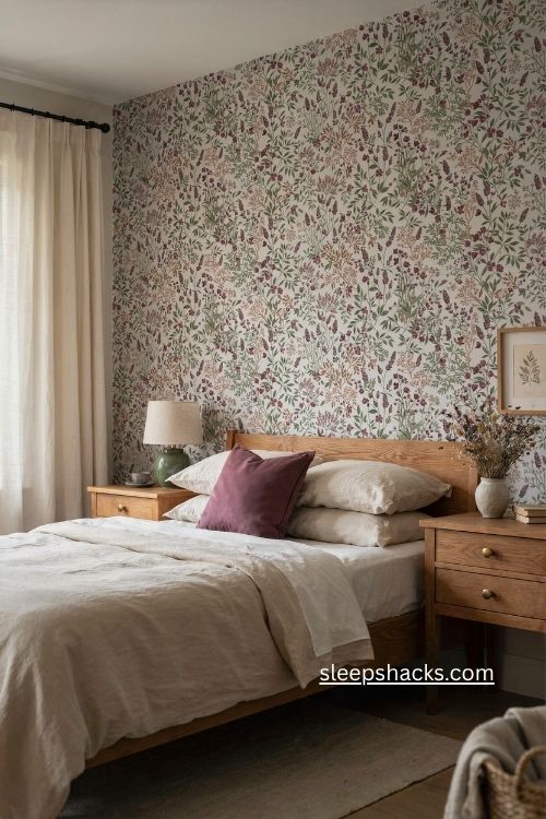 Nature inspired purple bedroom with forest green botanical wallpaper and warm wood