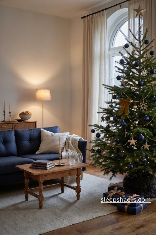 Navy and gold Christmas tree with velvet blue baubles and golden stars