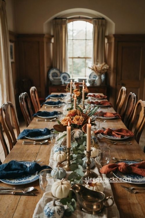 Navy and rust fall dining table with blue velvet napkins and pumpkins