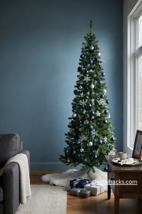Navy and silver pencil christmas tree with snowflake ornaments and cool white lights