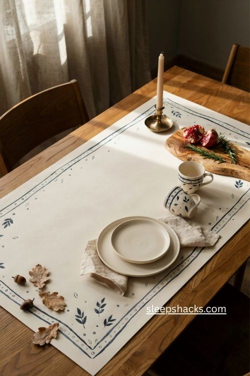 Navy and white Thanksgiving table paper border ideas with walnut accents
