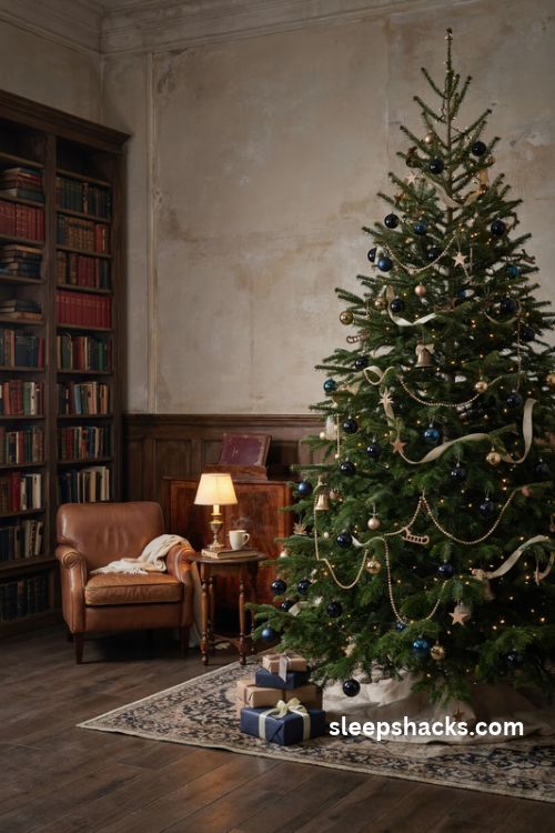 Navy blue and walnut brown Christmas tree with carved wooden ornaments brass accents and ivory ribbon