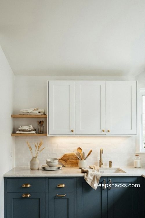 Navy lower kitchen cabinets with white upper cabinets and warm farmhouse details