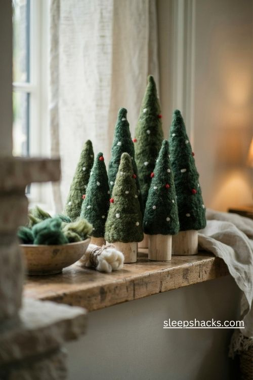Needle felted mini christmas trees with mossy green wool texture and tiny snowy details on a rustic cottage mantel