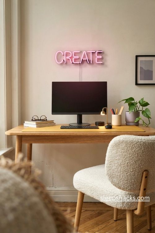 Neon sign wall art for a funky home office with glowing pink lights and colorful desk decor