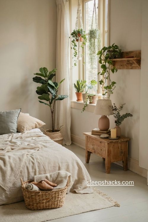Neutral boho bedroom with lush green plants woven baskets and natural textures 