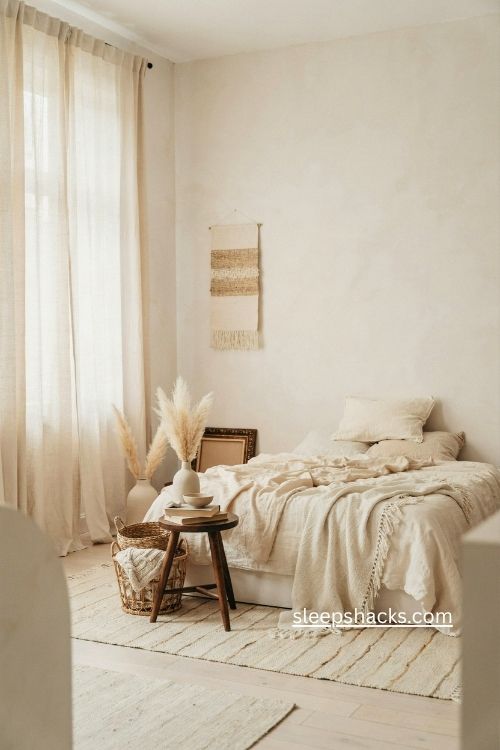 Neutral boho bedroom with white linen fringe throw textured rug and dark wood accents 