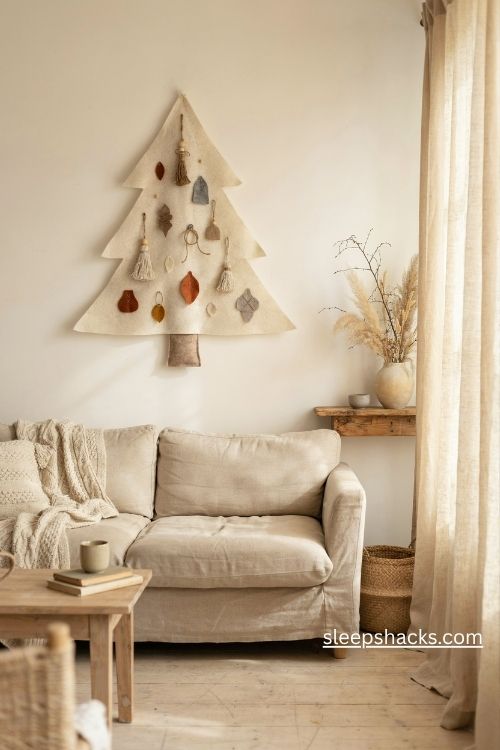 Neutral boho felt Christmas tree with terracotta ornaments and natural wooden beads