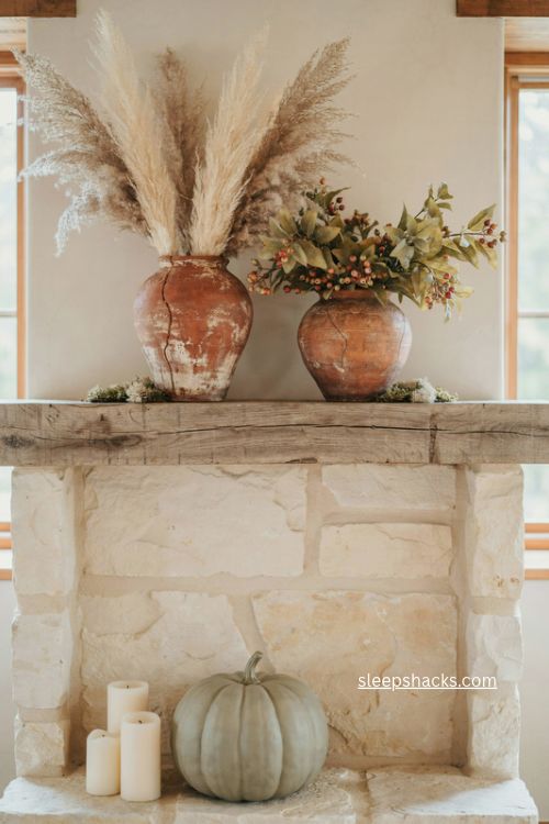 Neutral fall fireplace mantel decor with pampas grass terra cotta and sage pumpkin 