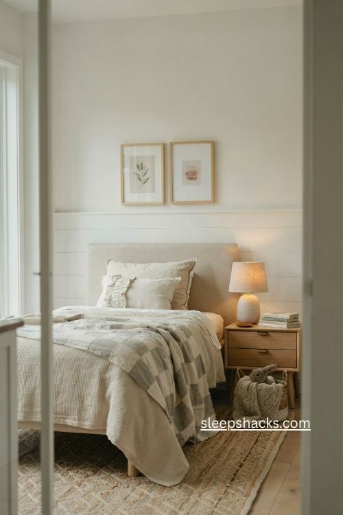 Neutral girl bedroom ideas with cozy shiplap and soft layered textures