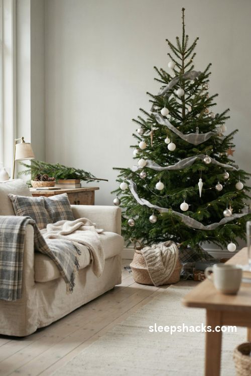 Neutral gray and cream plaid Christmas decor with white ornaments silver accents and cozy farmhouse textures