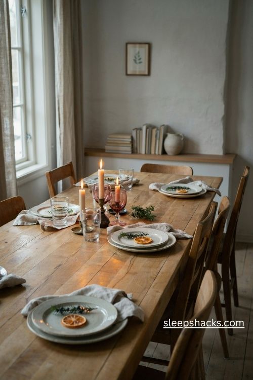 Neutral linen and wood christmas table setting with cream plates and natural accents