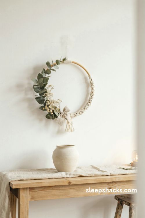 Neutral macrame christmas wreath with eucalyptus greenery white berries and natural cotton rope