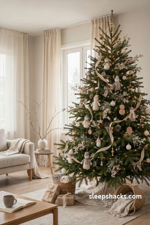 Neutral snowman Christmas tree with cream beige and gray ornaments linen ribbon and natural greenery
