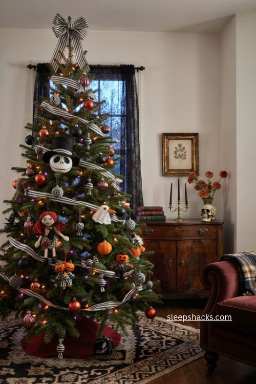 Nightmare before Christmas tree with Jack Skellington black white orange and purple decor 