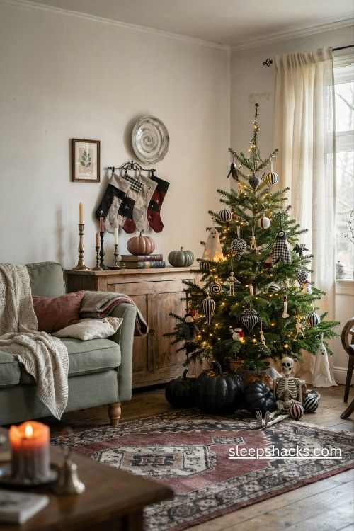 Nightmare before christmas decorations with cozy gothic holiday accents and striped ornaments