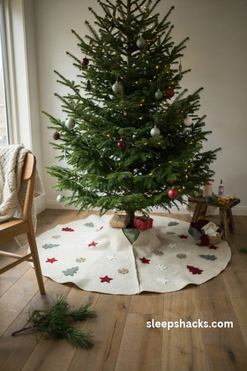 No sew felt christmas tree skirt with scalloped edges and handmade holiday decorations