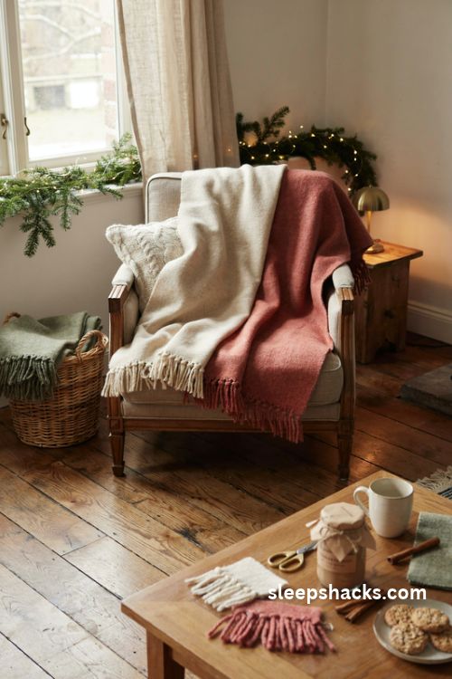 No sew fleece blanket diy christmas gift with cozy winter textures and hot chocolate