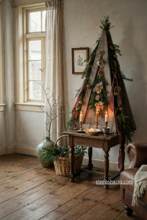 Non traditional christmas tree with vintage wooden pyramid and evergreen holiday decor 