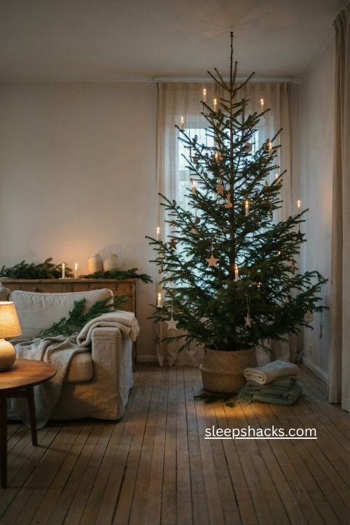 Nordic Christmas tree with warm LED candles Scandinavian holiday decor