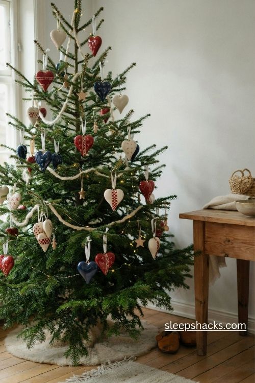 Nordic ceramic heart christmas ornaments in red white and navy with wooden decorations