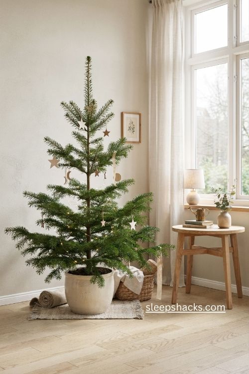 Norfolk Island pine Christmas tree with paper stars and cozy natural holiday decor