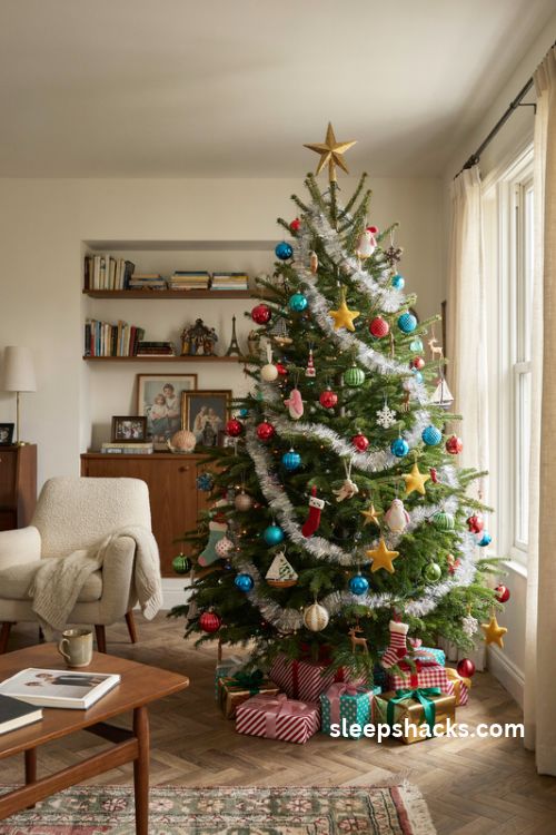 Nostalgic multicolor Christmas tree with mismatched vintage ornaments handmade crafts and colorful lights