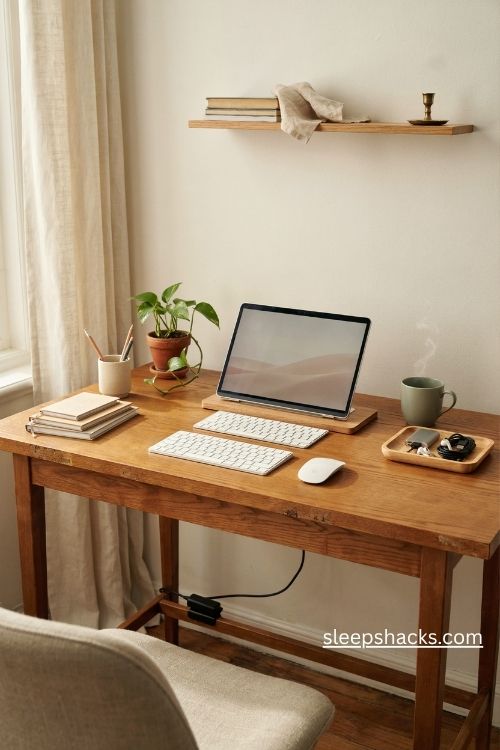 Office table set up with an ergonomic laptop stand and organized desk accessories 