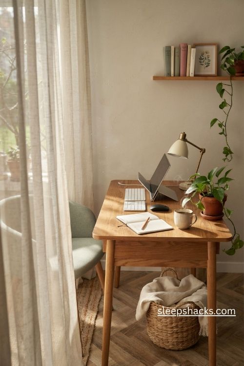 Office table setup near a window with sheer curtains and soft natural daylight 