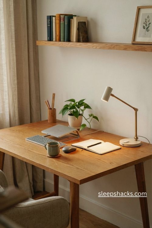 Office table setup with a dimmable adjustable desk lamp and warm task lighting 