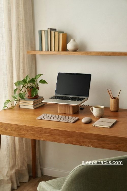 Wide-angle interior photograph of an ergonomically arranged home office desk, captured from a slightly angled front-side perspective that clearly reveals the keyboard height, mouse placement, straight wrist alignment, pull-out keyboard tray, and comfortable space along the front edge of the table. A modest, welcoming home workspace designed around effortless everyday use, where small practical adjustments make long hours of writing and computer work feel less tiring. Warm vintage-inspired contemporary style with simple wooden furniture, understated ergonomic accessories, natural materials, and the relaxed character of a real home office assembled gradually over time. A harmonious palette of warm oak, soft cream, muted sage, gentle taupe, and subtle charcoal accents. A compact keyboard rests on a sturdy pull-out tray mounted neatly beneath the wooden desktop, positioned at a natural elbow height, with a separate mouse placed immediately beside it to prevent unnecessary reaching. The keyboard sits approximately a hand's width back from the desk edge, leaving clear space for comfortable forearm movement. A slim, understated wrist rest lies just in front of the keyboard as a resting surface rather than beneath the wrists during typing. A raised laptop stand keeps the screen at a comfortable viewing height, while neatly routed cables disappear beneath the desk through simple clips. A ceramic coffee mug, a small linen-covered notebook, a wooden pencil holder, and a modest leafy plant add personality without taking up valuable working space. The lightly worn desktop, visible wood grain, woven chair upholstery, and soft linen curtains create a believable, lived-in atmosphere with no unnecessary clutter. Gentle natural daylight enters through a nearby window, illuminating the keyboard tray, mouse, and tabletop evenly while revealing every tactile detail and the practical relationship between the desk accessories. Soft colors that change the mood instantly, old textures that add warmth and depth, simple details that create lasting charm. The overall mood feels calm, supportive, and quietly productive, expressing the relief of a workspace where hands move naturally, shoulders can relax, and everyday tasks become easier without expensive furniture or complicated upgrades. no people, no text, no watermarks, no blur, no bokeh, all surfaces in sharp focus, photorealistic, 4K resolution, editorial interior photography, Pinterest-worthy 