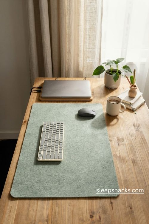 Office table setup with a large sage green desk mat and organized keyboard and mouse 