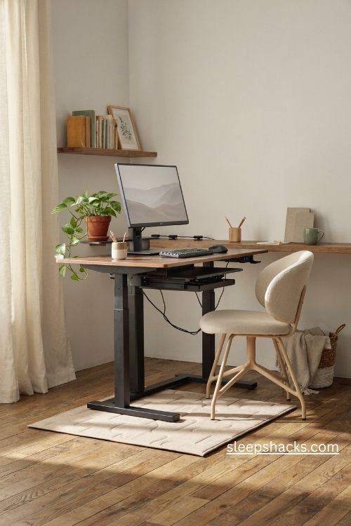 Office table setup with a sit stand desk converter and cushioned standing mat 