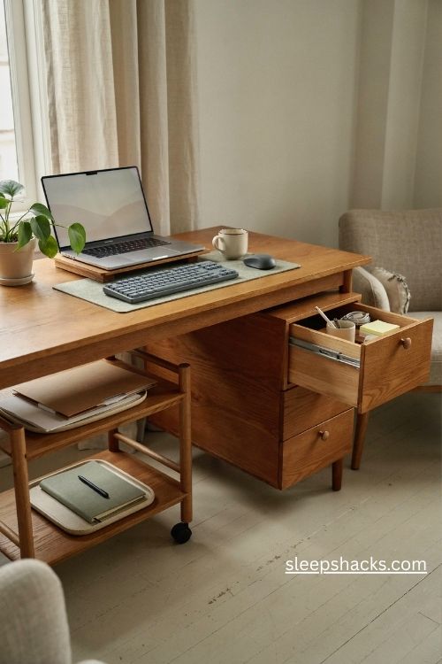 Office table setup with a slim drawer unit and rolling cart for organized storage 