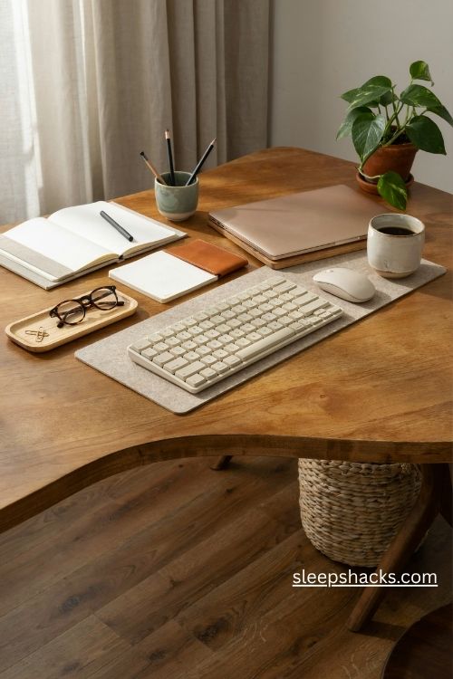 Office table setup with a small dotted notebook and pen organizer in the desk corner 