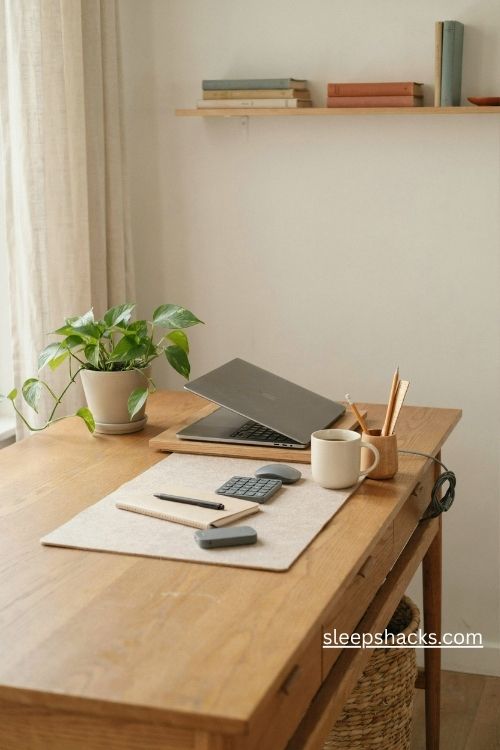 Office table setup with a small pothos plant in a ceramic pot and organized desk accessories