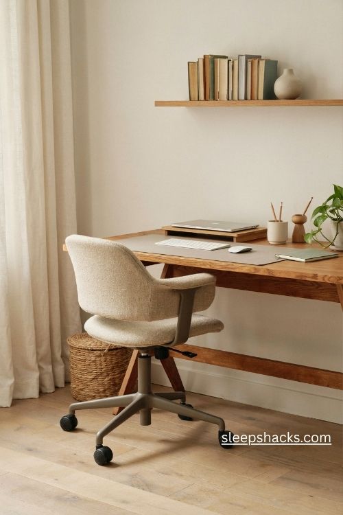 Office table setup with an ergonomic chair lumbar support and comfortable desk spacing 