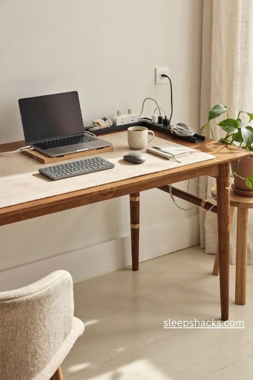 Office table setup with an under desk cable tray and neatly organized power cords 