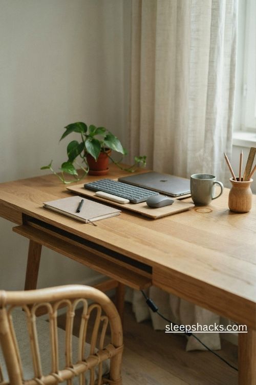 Wide-angle interior photograph of a thoughtfully illuminated home office table, viewed from a three-quarter angle that captures the entire desktop, adjustable task lamp, laptop, writing area, and the warm atmosphere of the surrounding room. A practical, lived-in home workspace designed for comfortable daytime concentration and peaceful evening work, where carefully controlled lighting makes an ordinary desk feel inviting rather than tiring. Warm vintage-inspired contemporary style with simple wooden furniture, understated accessories, natural materials, and subtle signs of everyday use. A soothing color palette of honey-toned oak, creamy ivory, muted sage green, warm beige, and soft amber accents. An elegant adjustable-arm desk lamp with a dimmable warm-white bulb stands on the opposite side of the writing area, casting a gentle, even pool of light across an open notebook and keyboard without creating harsh reflections on the laptop screen. The lamp has a discreet built-in USB charging port, with a neatly connected charging cable routed along the back of the desk. A slim laptop stand, separate keyboard and mouse, ceramic coffee mug, linen-covered notebook, wooden pencil holder, and small leafy plant complete the arrangement without crowding the work surface. A softly textured upholstered chair, lightly worn wooden desktop, linen curtains, and a modest wall shelf with a few well-loved books add the character of a comfortable home rather than a sterile office. The adjustable lamp is angled carefully toward the writing surface, with no distracting glare, while the surrounding furniture and accessories remain clearly visible. Gentle late-afternoon daylight filters through a nearby window, blending naturally with the lamp's warm illumination; the scene transitions into a cozy evening atmosphere with softer amber light and balanced shadows that preserve detail throughout the room. Soft colors that change the mood instantly, old textures that add warmth and depth, simple details that create lasting charm. The mood feels calm, focused, and restorative, capturing the quiet pleasure of settling into a well-lit workspace where thoughtful lighting supports concentration during the day and makes evening tasks feel gentler and more comfortable. no people, no text, no watermarks, no blur, no bokeh, all surfaces in sharp focus, photorealistic, 4K resolution, editorial interior photography, Pinterest-worthy 