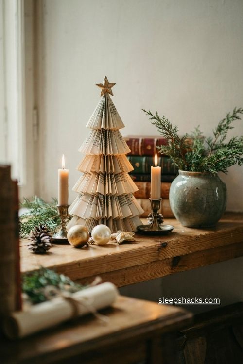 Old book page cone christmas tree with vintage bookshelf and candle decor 