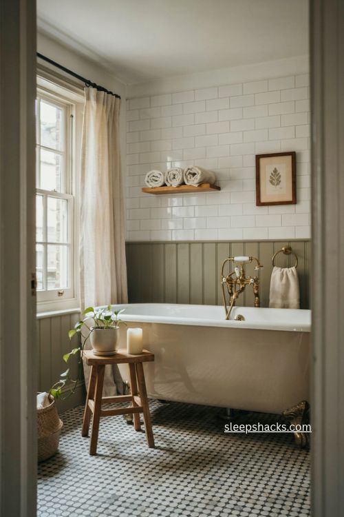 Olive green wainscoting bathroom with freestanding tub vintage brass and mosaic floor